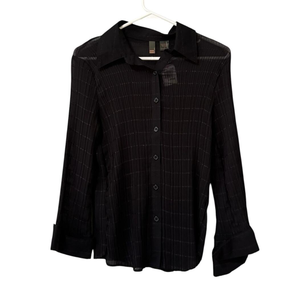 Serenade Women Size Large Button Down Shirt Crinkle Stretch Black Office Chic